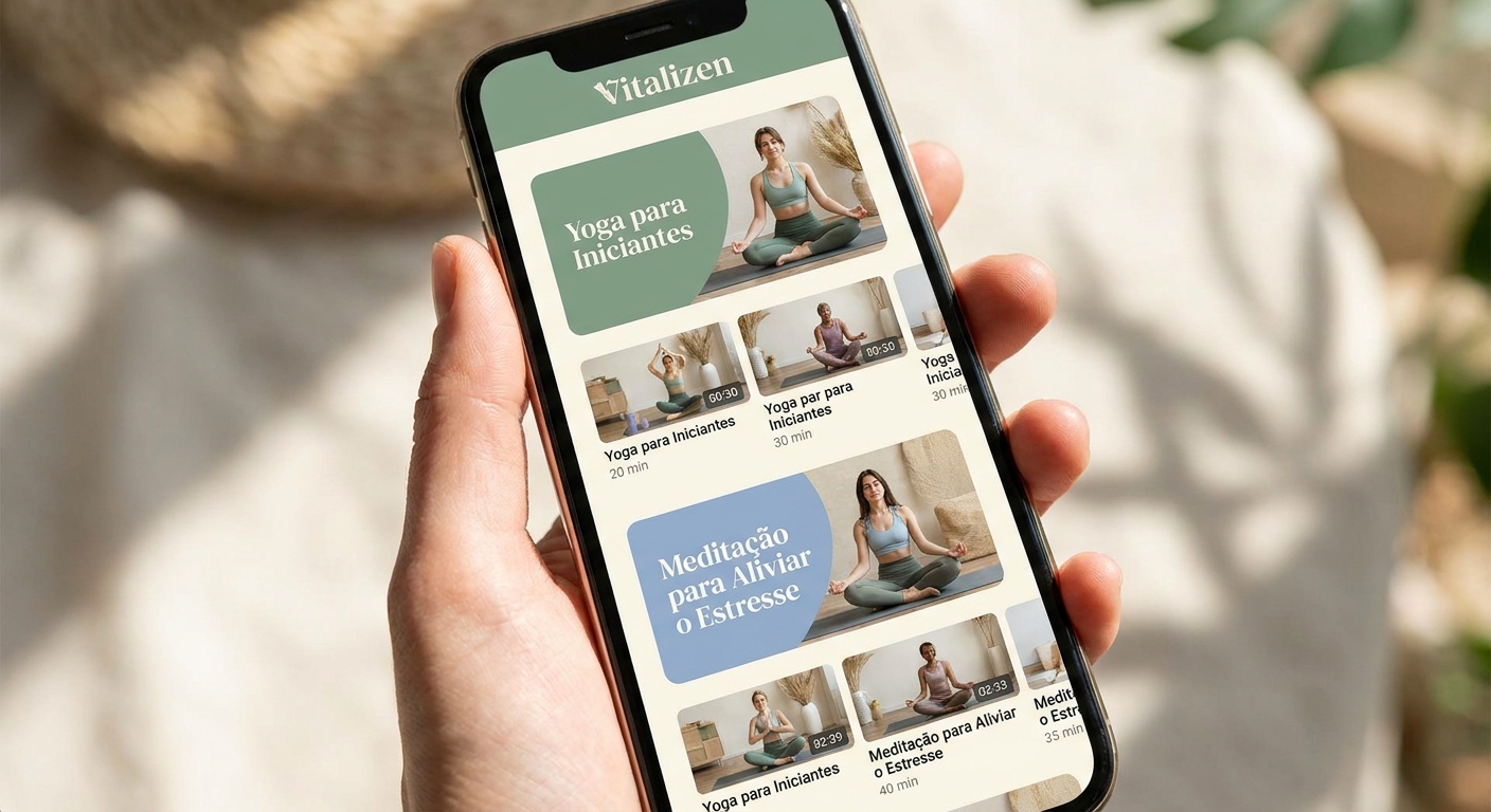 Interface do app de meditação e yoga Vitalizen, mostrando a seleção de aulas personalizadas.