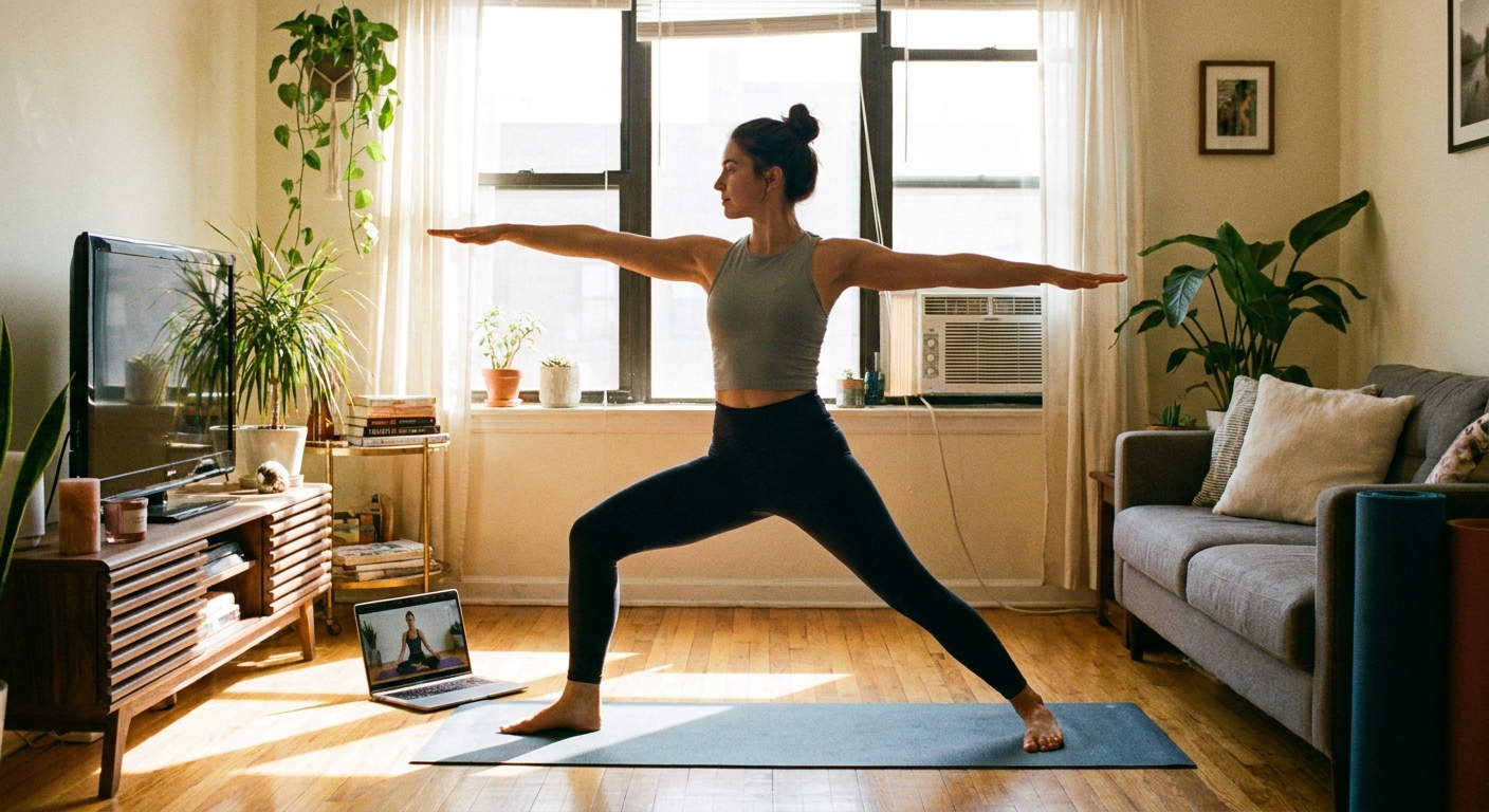 Jovem praticando yoga em casa com a ajuda de um app de yoga para iniciantes, demonstrando a praticidade do yoga digital.