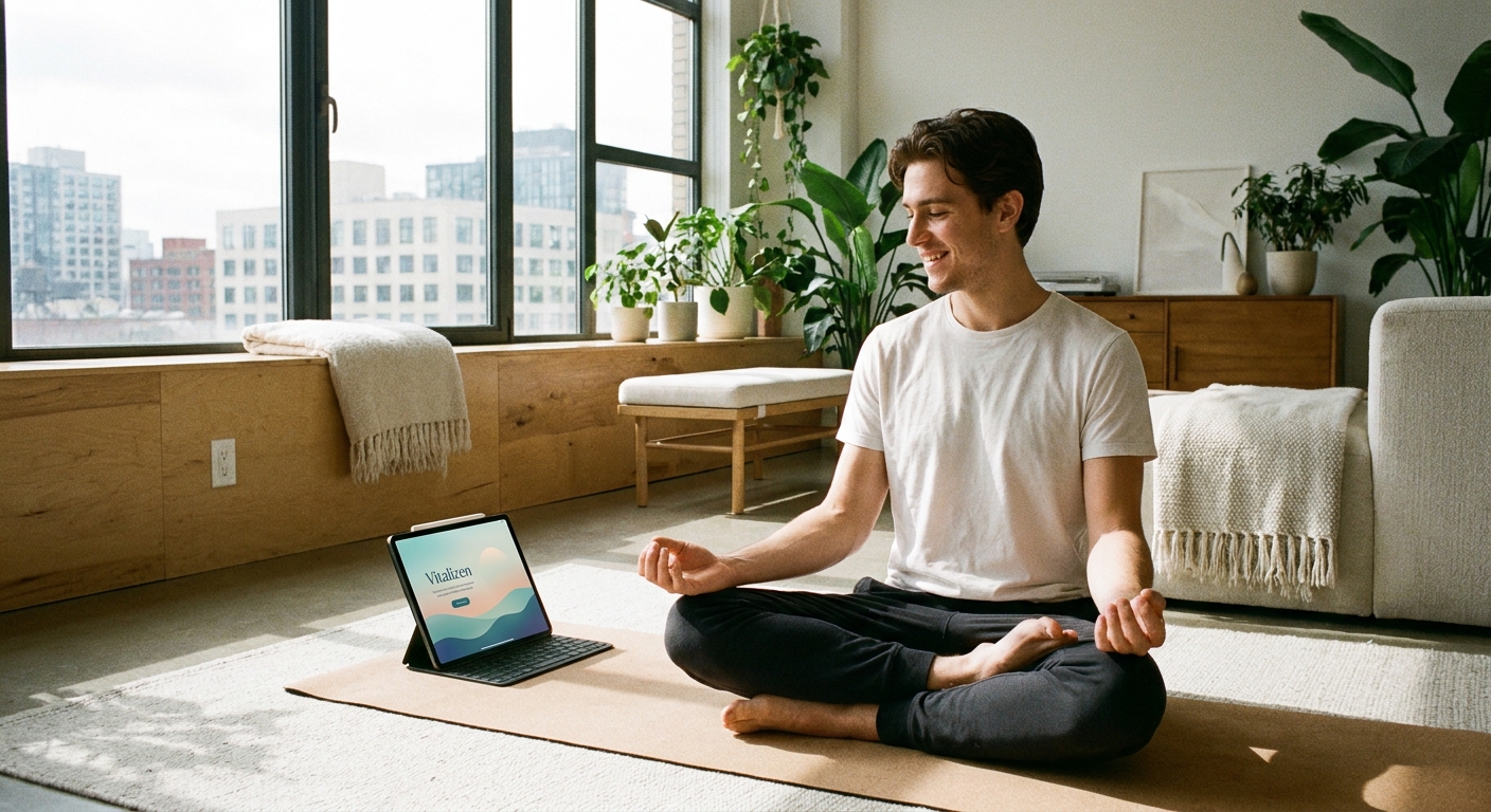 Mulher praticando yoga em casa usando app de yoga no smartphone, representando bem-estar digital