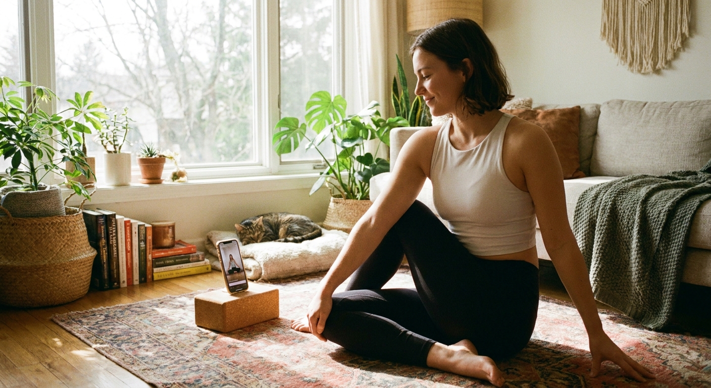 Mulher jovem praticando yoga em casa usando um app de yoga no celular