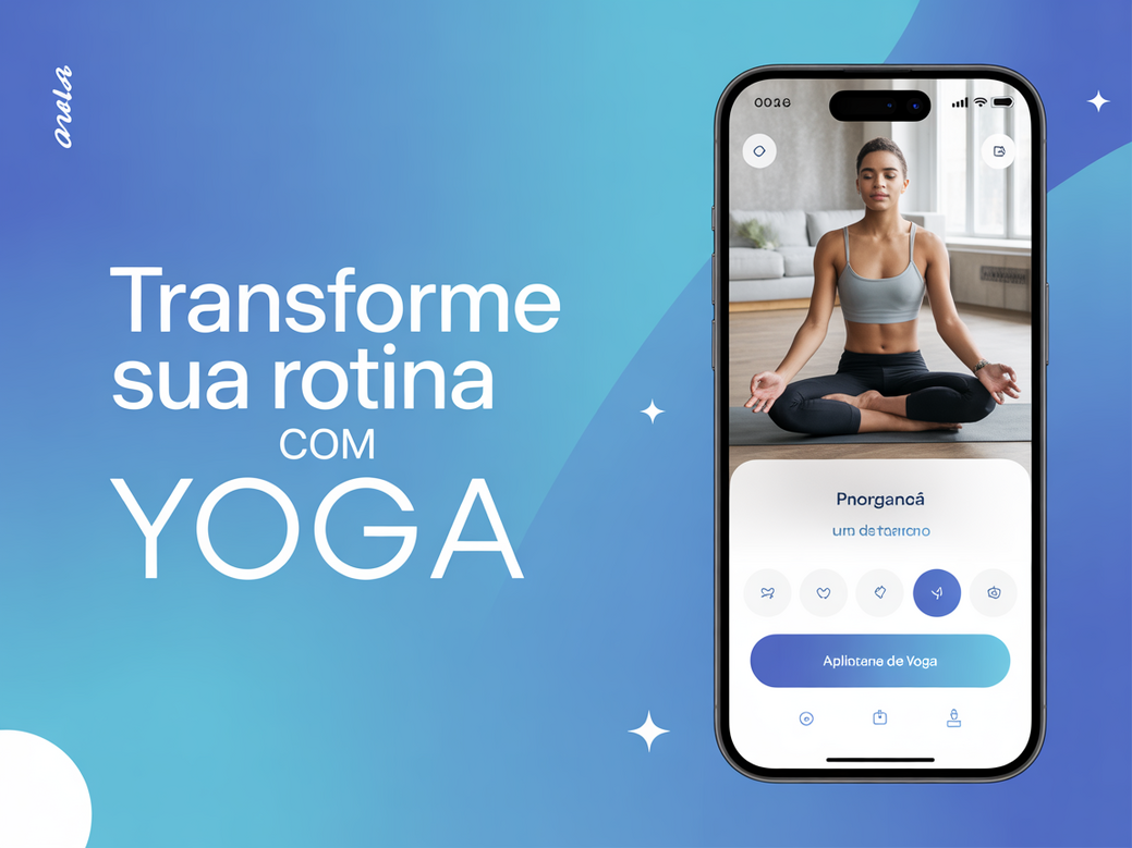 Mulher praticando yoga em casa com um app de yoga no celular