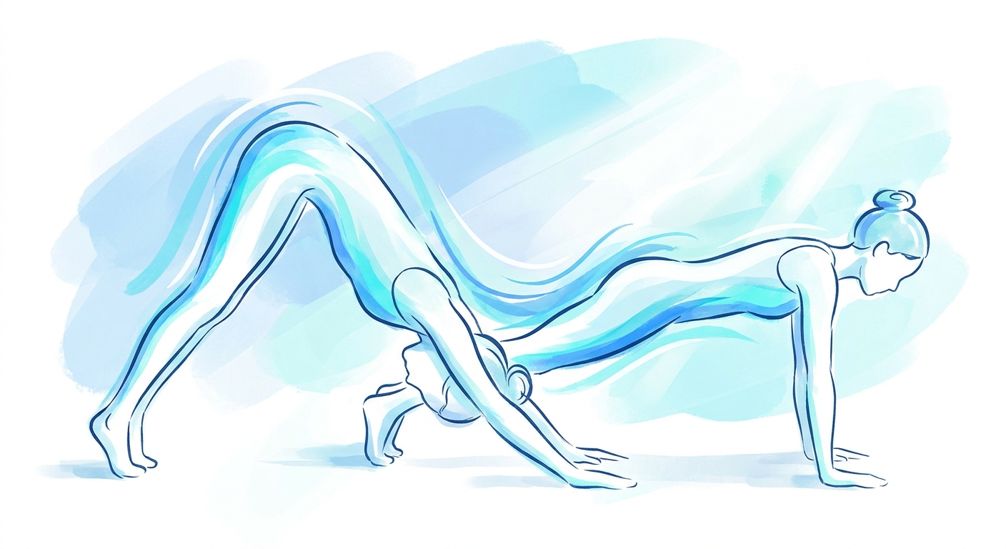 Ilustração de pessoa em fluxo dinâmico de yoga entre cachorro olhando para baixo e prancha