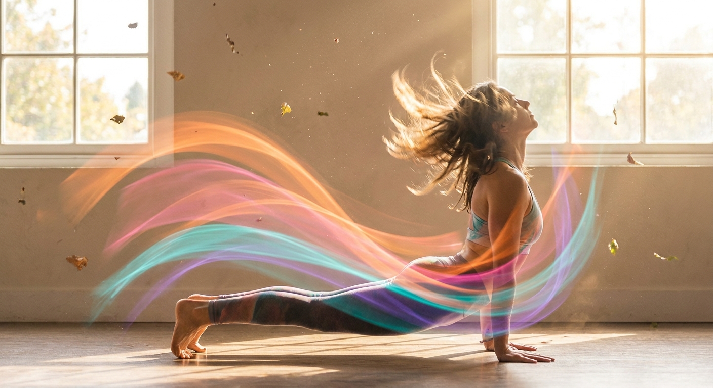 Praticante em transição fluida de Vinyasa Yoga, demonstrando o dinamismo desta modalidade de yoga online
