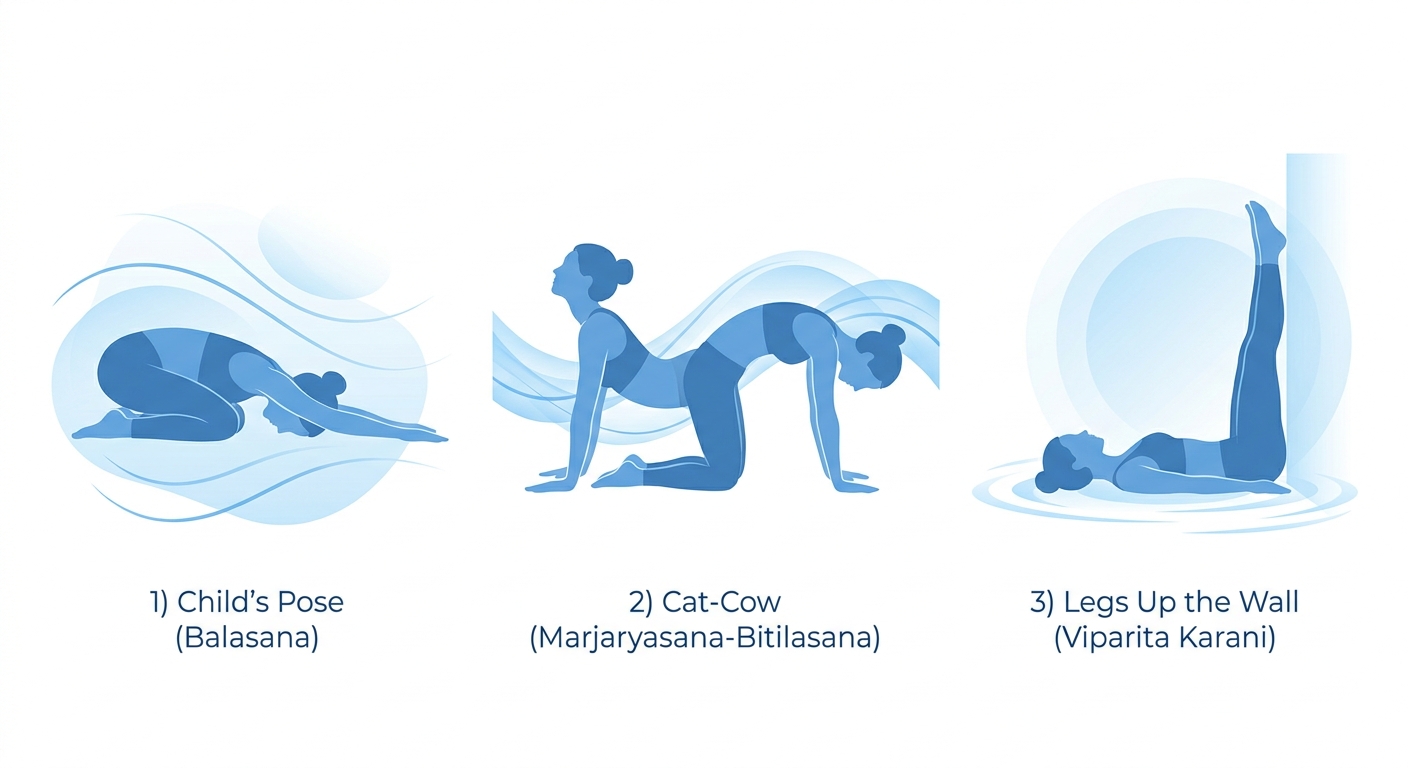 3 posturas de yoga para ansiedade: Balasana, Gato-Vaca e Pernas na Parede