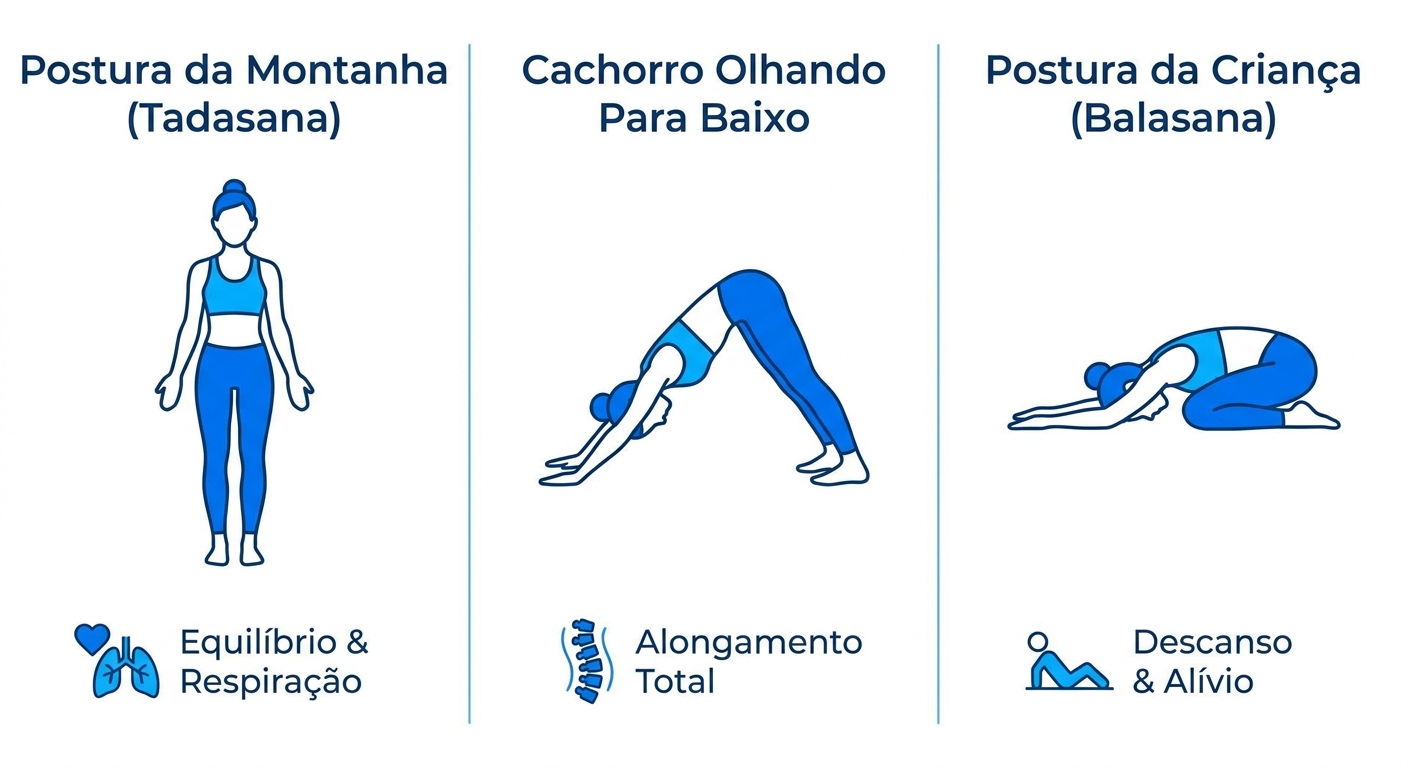 Infográfico com 3 posturas de yoga para iniciantes: Montanha, Cachorro Olhando Para Baixo e Postura da Criança