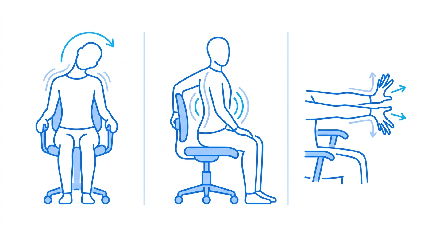 Infográfico com 3 rotinas de alongamento na cadeira para home office: pescoço, coluna e punhos - Vitalizen