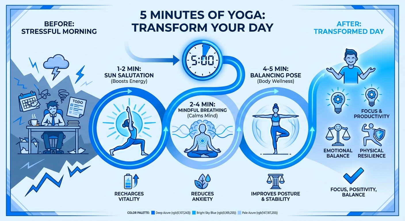 Infográfico mostrando como 5 minutos de yoga transformam seu dia