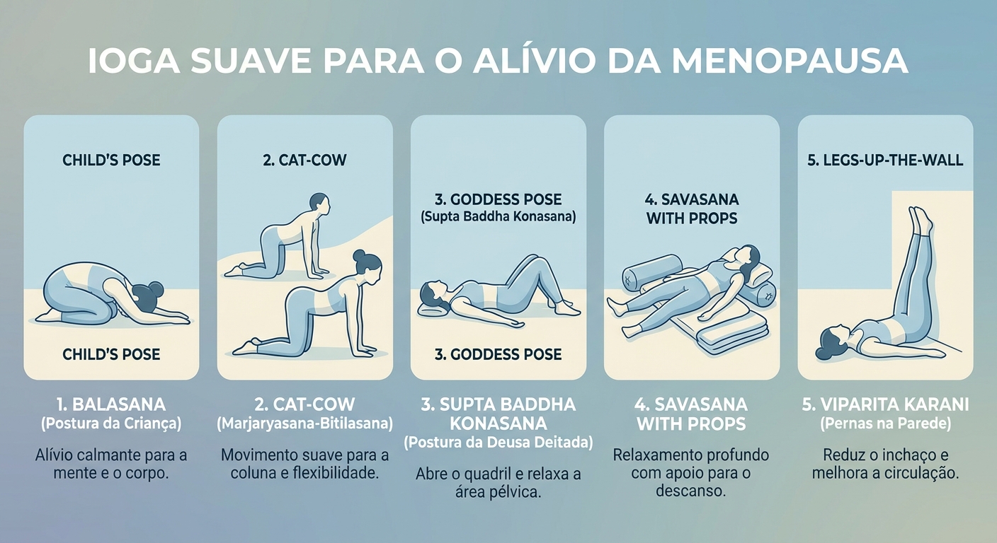 Infográfico com 5 posturas de yoga para aliviar os sintomas da menopausa