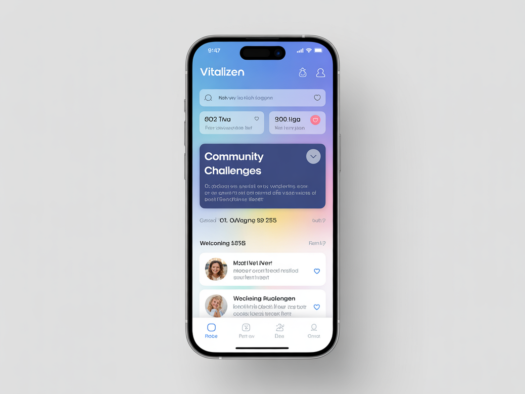 Interface do app Vitalizen mostrando a comunidade online de yoga para idosos.