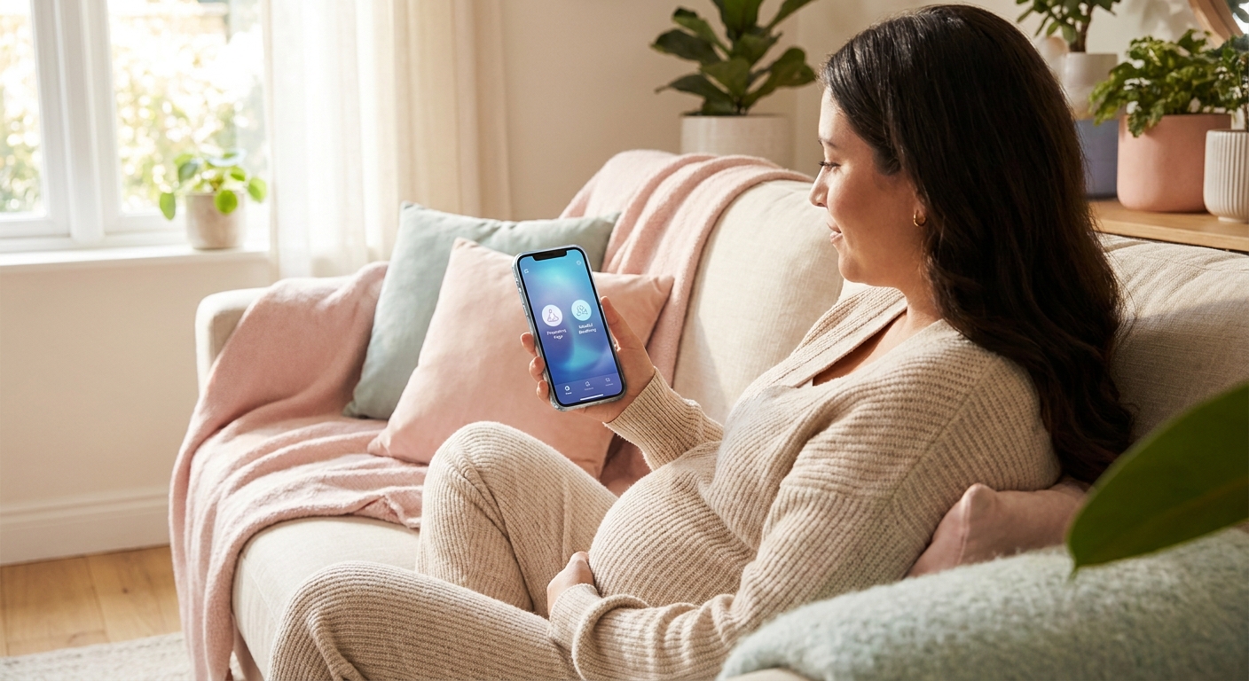 App de yoga para gestantes: Vitalizen App mockup na mão de gestante