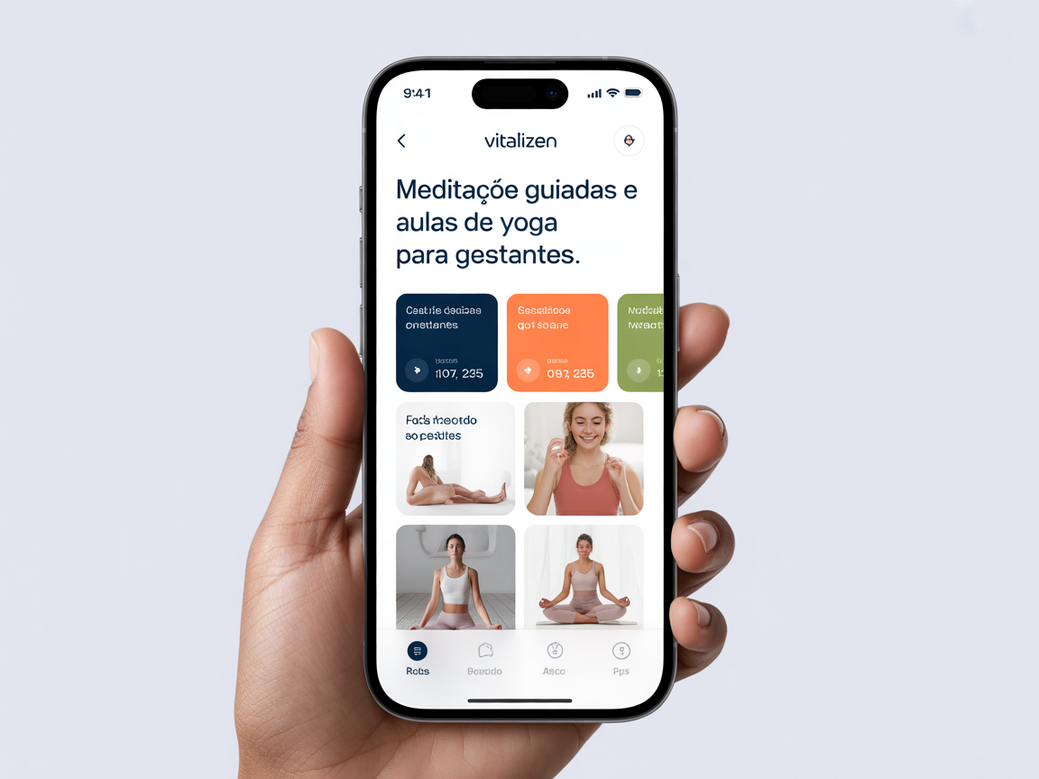 Interface do Vitalizen App mostrando a seção de meditação e yoga para gestantes.