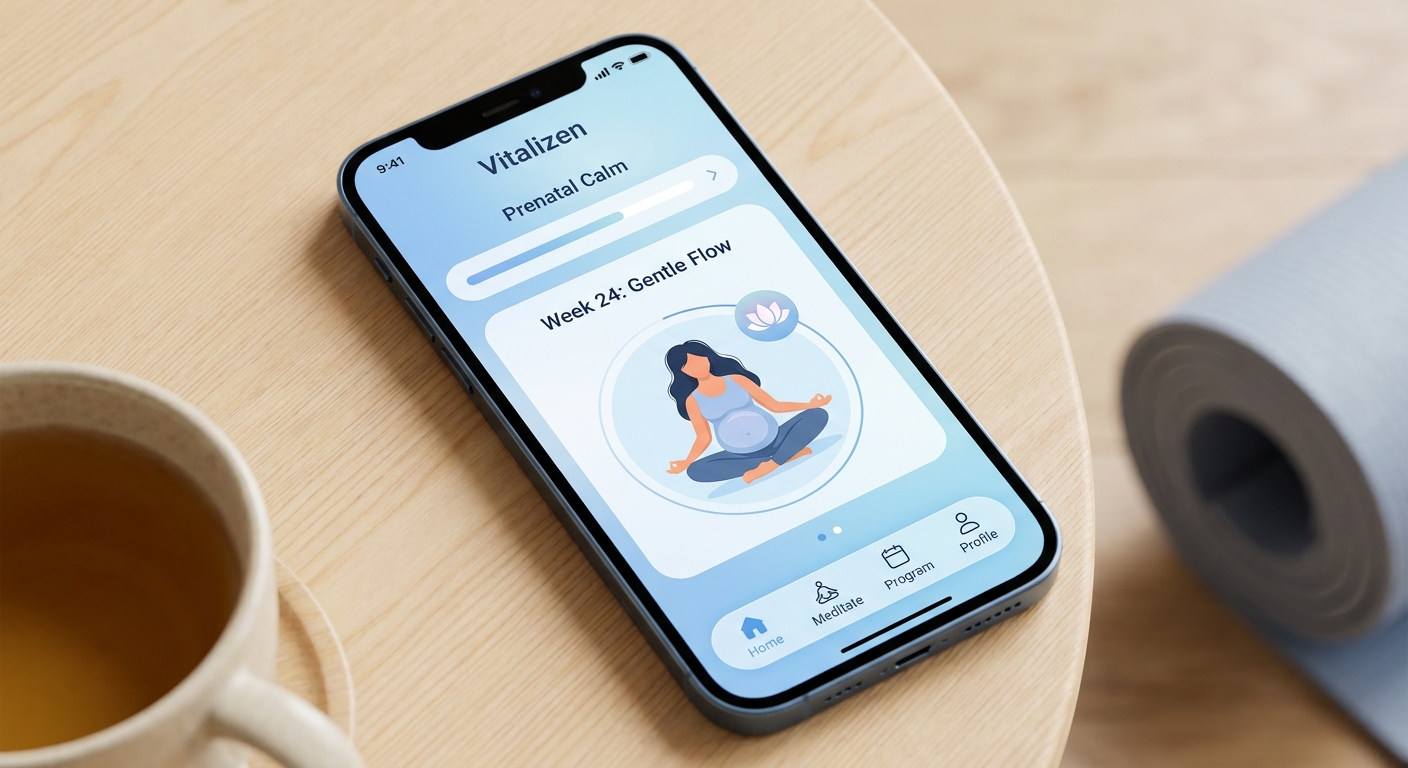 Interface do Vitalizen App mostrando programa de yoga e meditação para gestantes