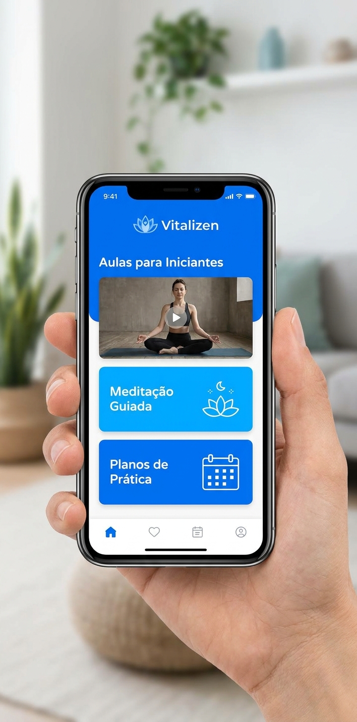 Print da tela do aplicativo Vitalizen mostrando interface amigável com aulas de yoga e meditação