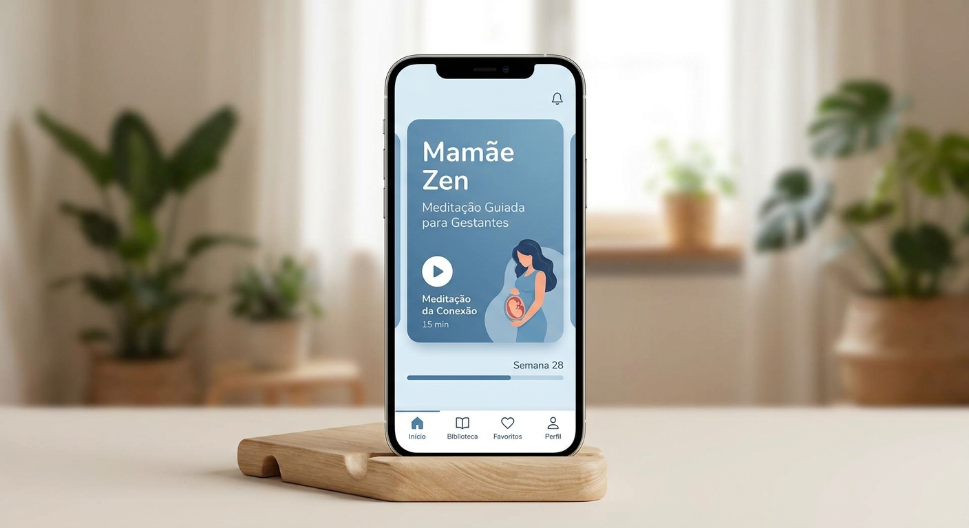 Tela do aplicativo Vitalizen mostrando meditação guiada para gestantes com interface em tons de azul
