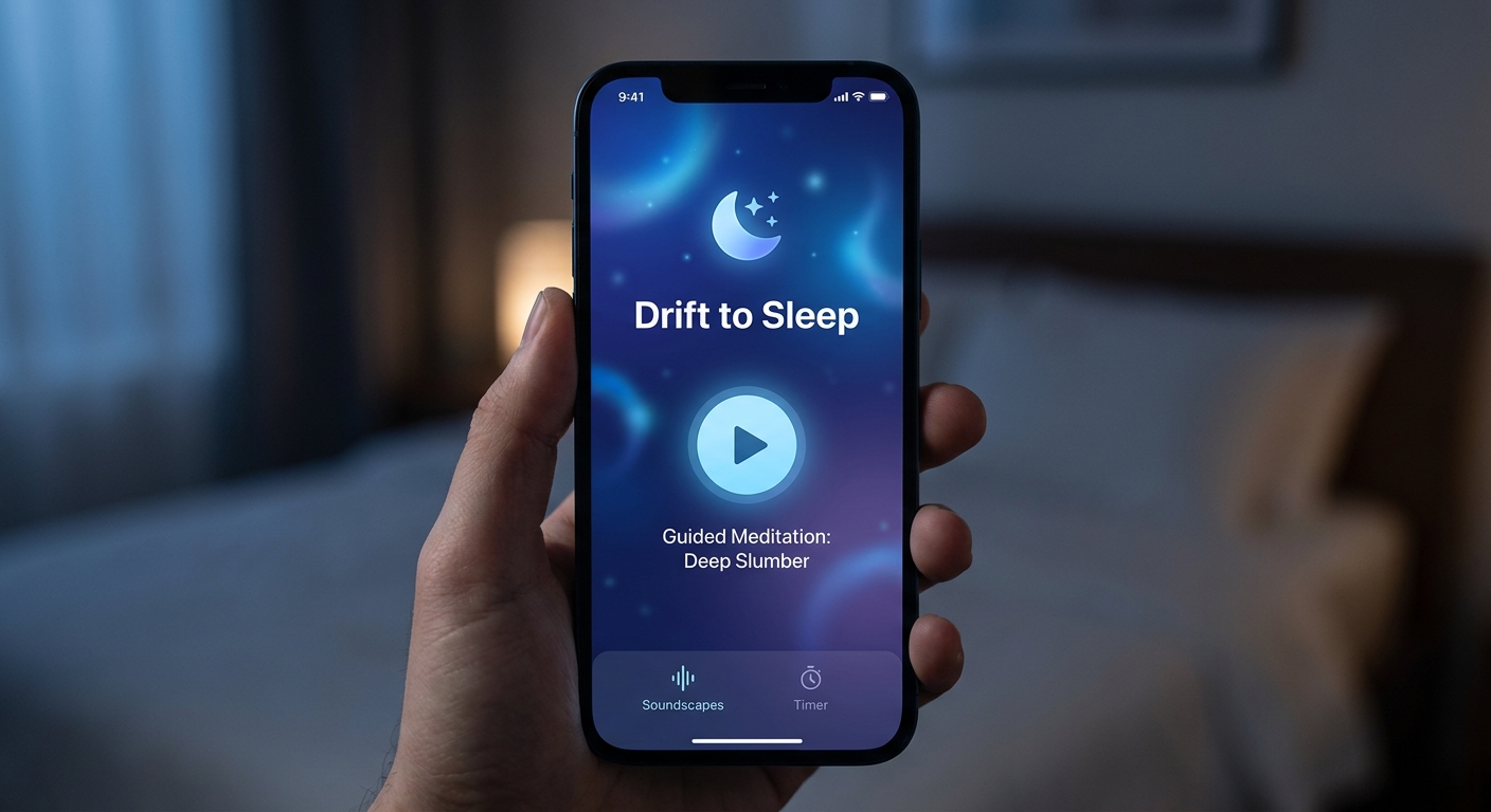 Mockup do aplicativo Vitalizen mostrando tela de meditação noturna guiada com sons relaxantes para dormir.