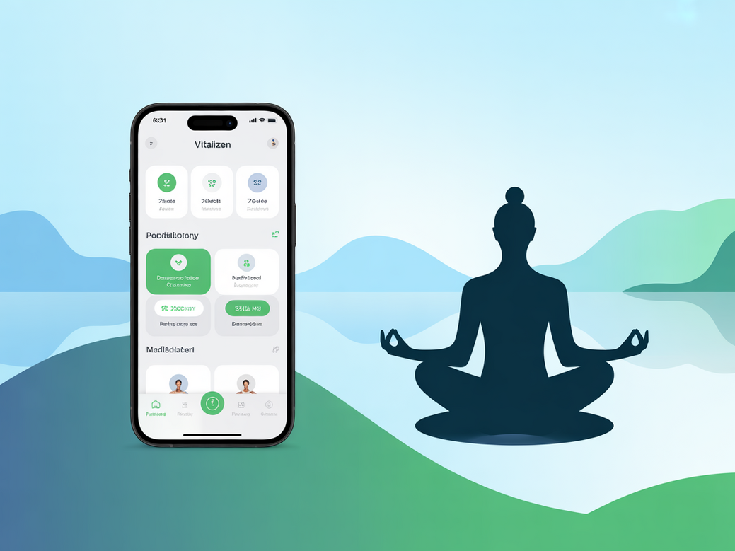A person meditating peacefully using the Vitalizen App on their smartphone in 2025
