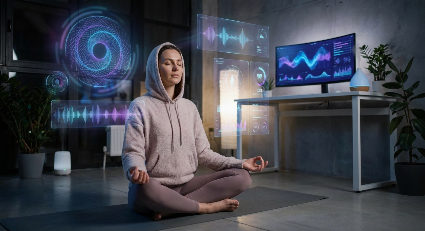Digital wellness and meditation concept with glowing interface and lotus pose