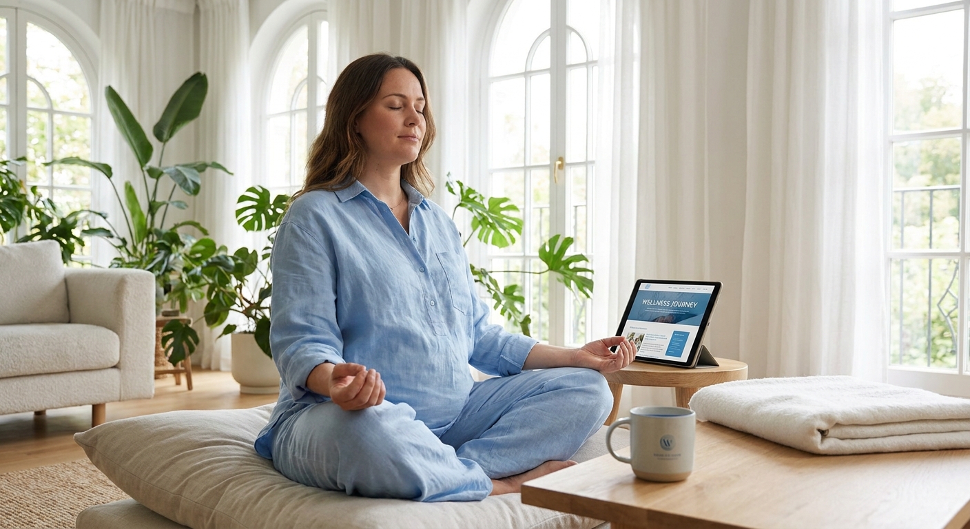 Mulher grávida praticando yoga em casa usando o Vitalizen, melhor app de yoga para gestantes, em ambiente tranquilo e iluminado