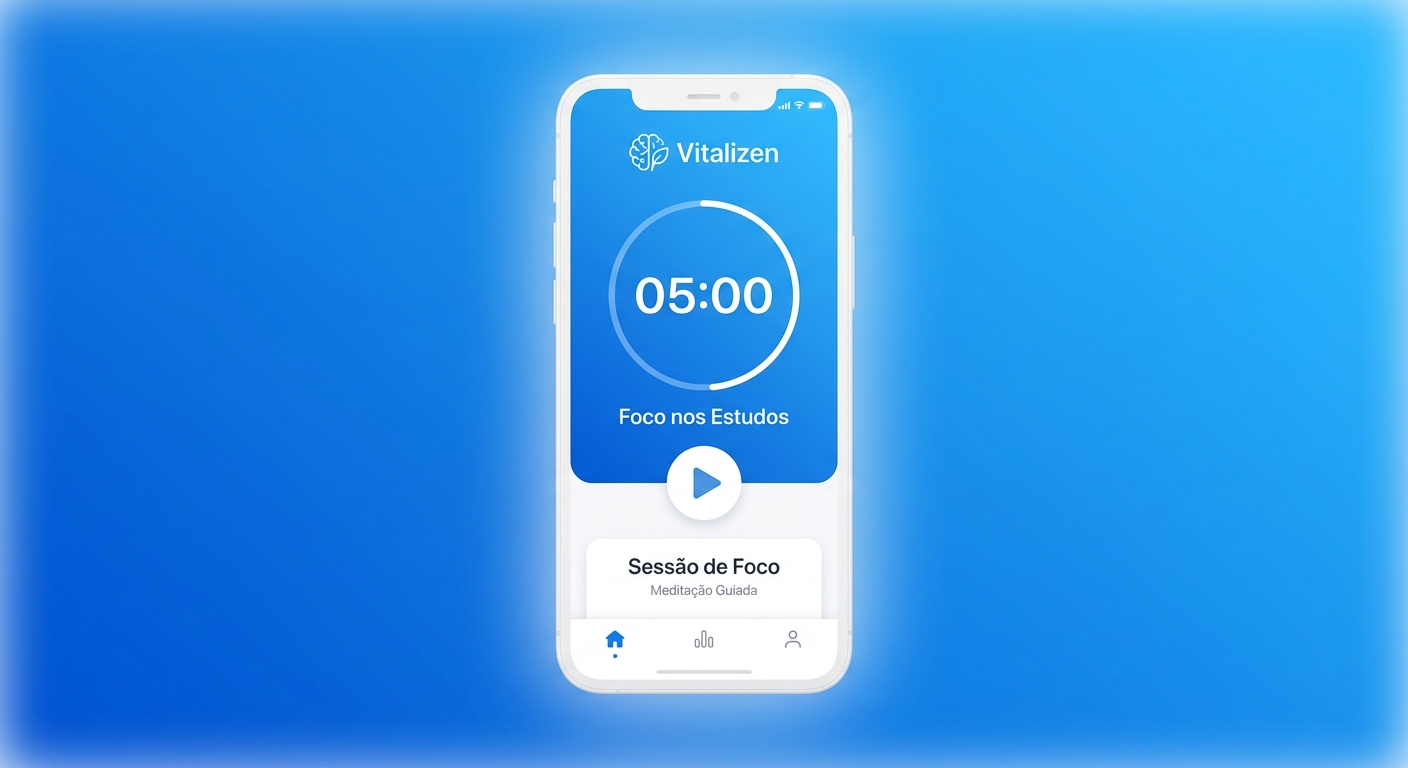 Mockup do aplicativo Vitalizen mostrando a tela do programa Foco nos Estudos - app de meditação para iniciantes