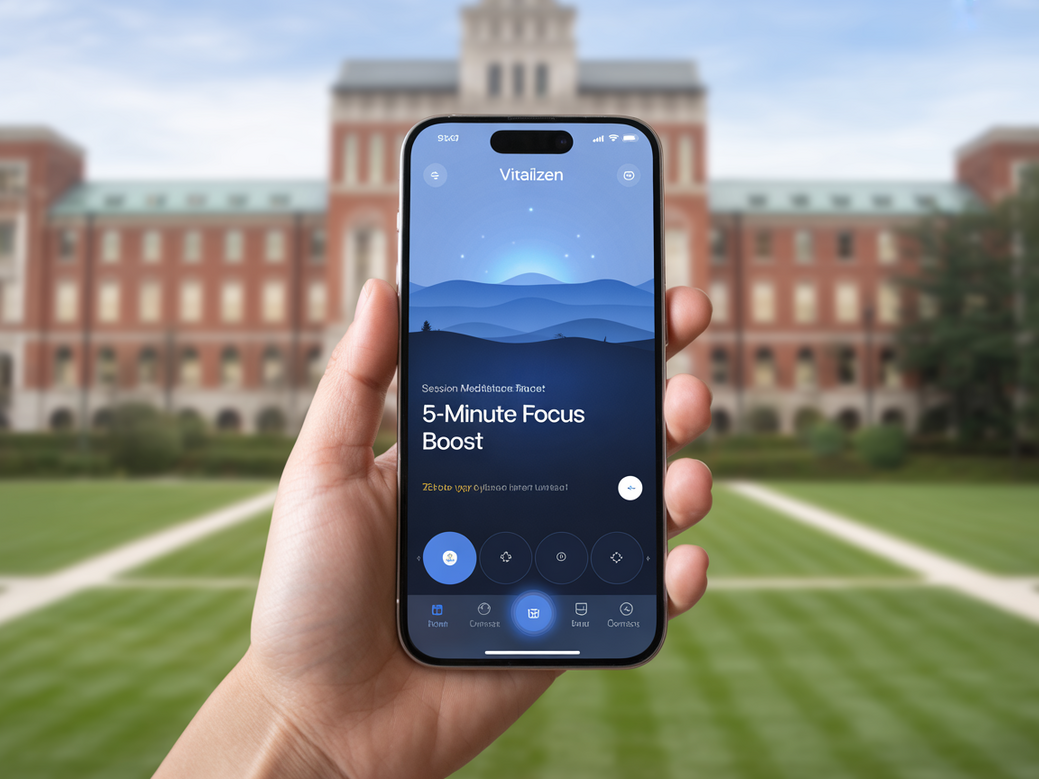 Mockup do aplicativo Vitalizen exibindo uma sessão de meditação guiada para foco e combate à ansiedade universitária.