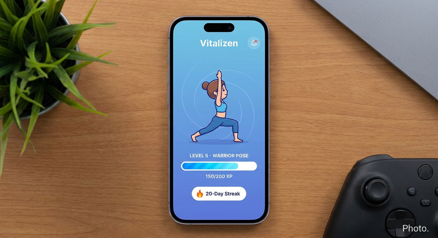 Mockup do Vitalizen App - App gamificado de yoga e meditação para gamers