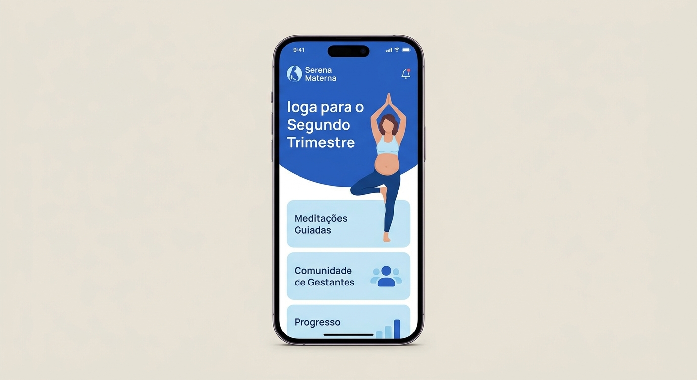 Mockup do app Vitalizen com yoga e meditação para gestantes