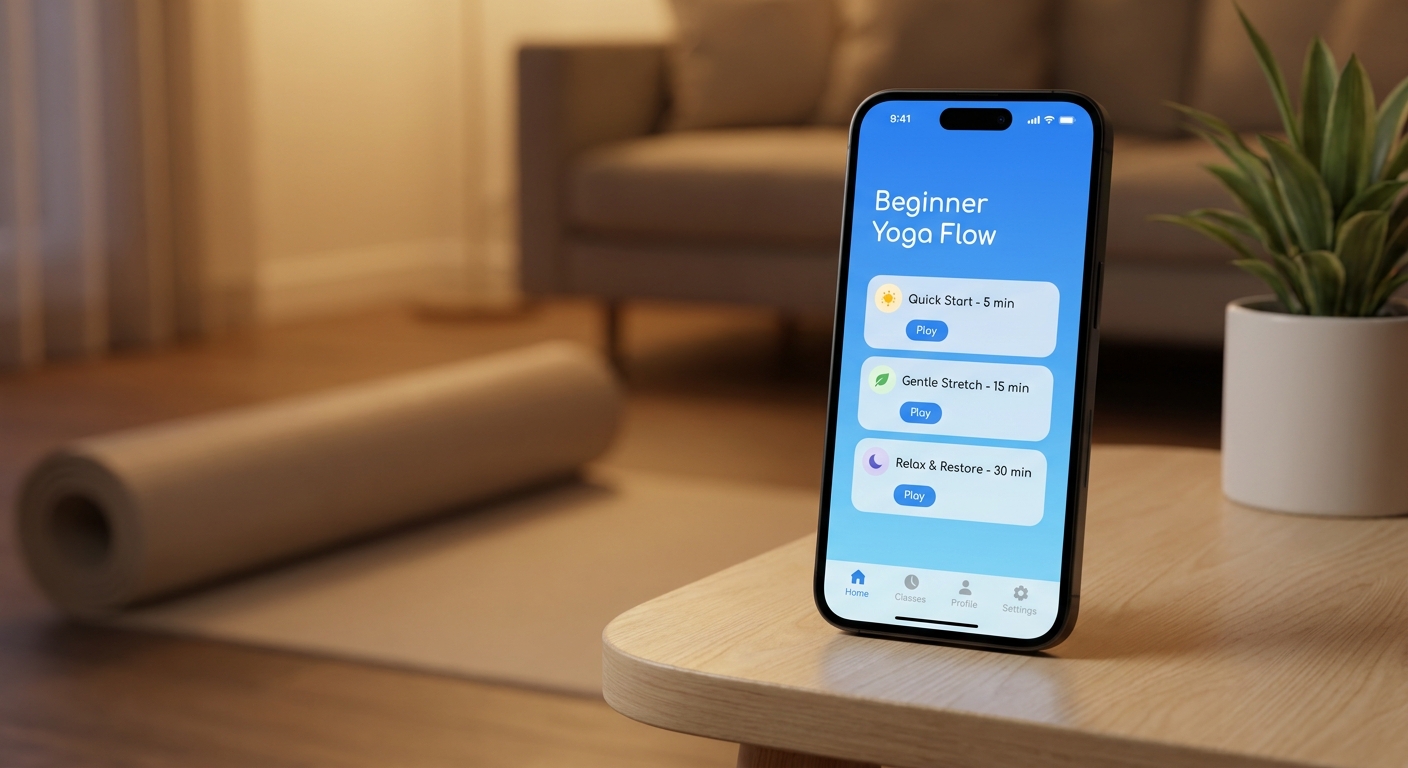 Mockup do Vitalizen App mostrando aulas guiadas de yoga para iniciantes - encontre o melhor tipo de yoga para iniciantes