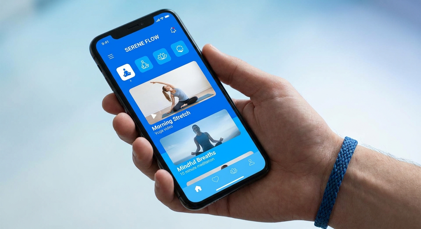 Mockup do app Vitalizen na mão de um jovem, interface em tons de azul