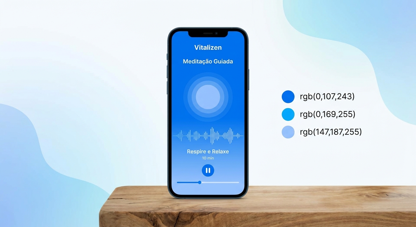 Mockup do aplicativo Vitalizen mostrando tela de meditação guiada