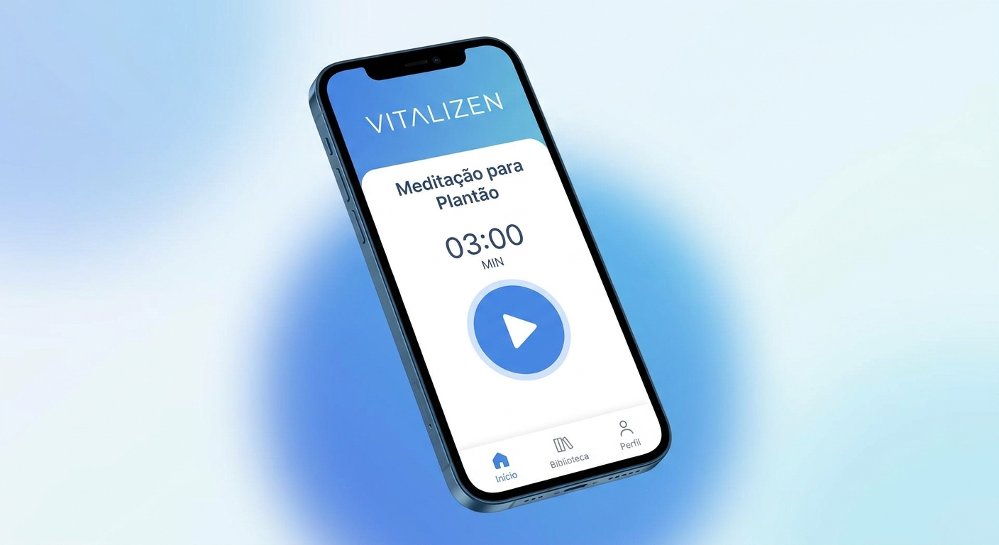 Mockup do App Vitalizen com meditação guiada para plantão