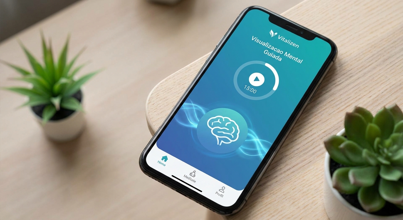 Mockup do app Vitalizen mostrando tela de Visualização Mental Guiada para atletas - app yoga meditação Brasil