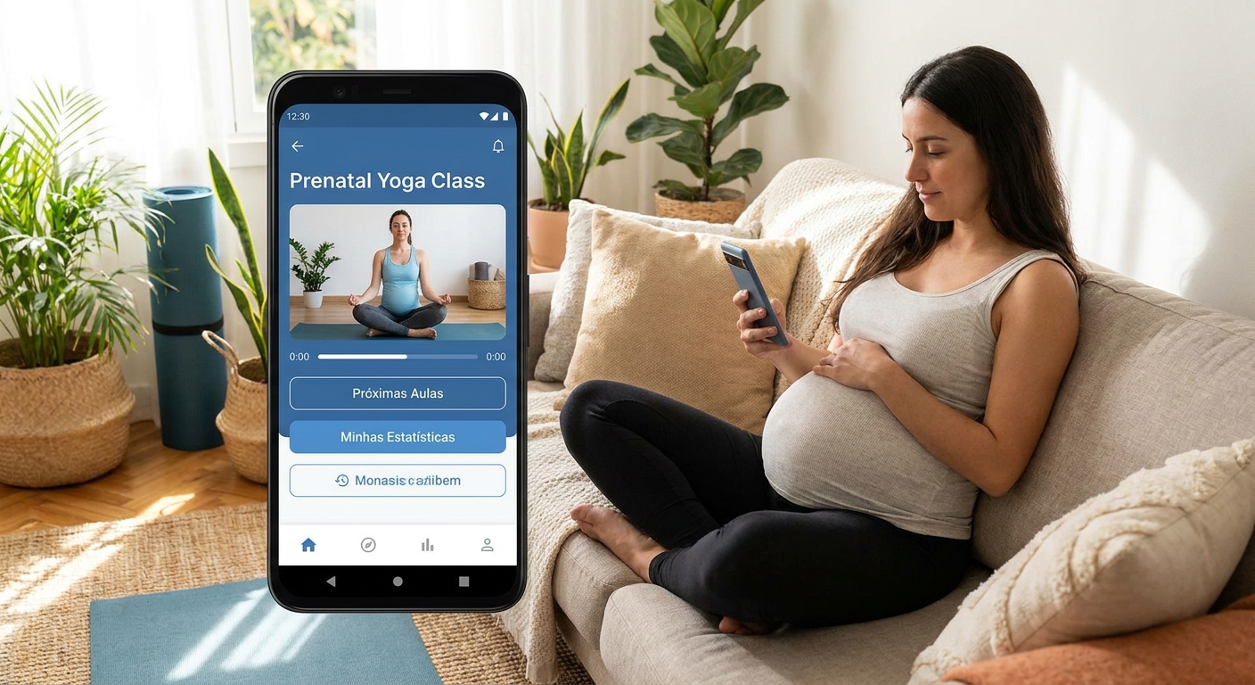 Tela do Vitalizen App mostrando aula de yoga pré-natal para gestantes