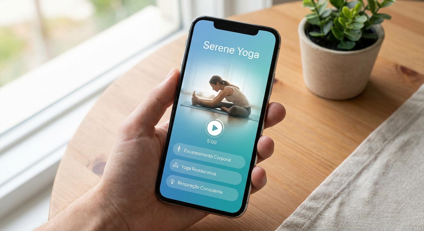 Mockup do Vitalizen App para yoga e meditação com foco em alívio da dor