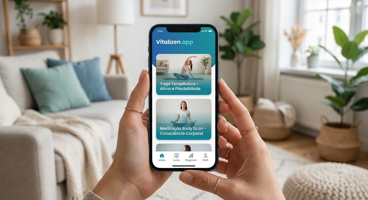 Mockup do aplicativo Vitalizen — yoga terapêutica e body scan para alívio da dor