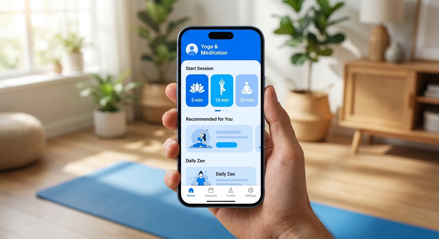 Mockup do Vitalizen App mostrando interface do melhor app para yoga com sessões de 5, 10 e 20 minutos