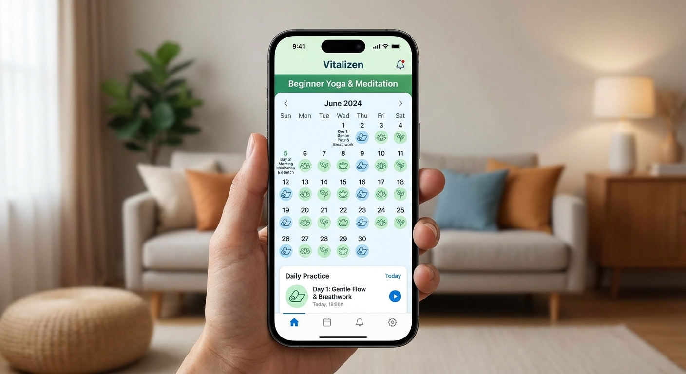 Tela do aplicativo Vitalizen App com uma sessão de meditação guiada para iniciantes.