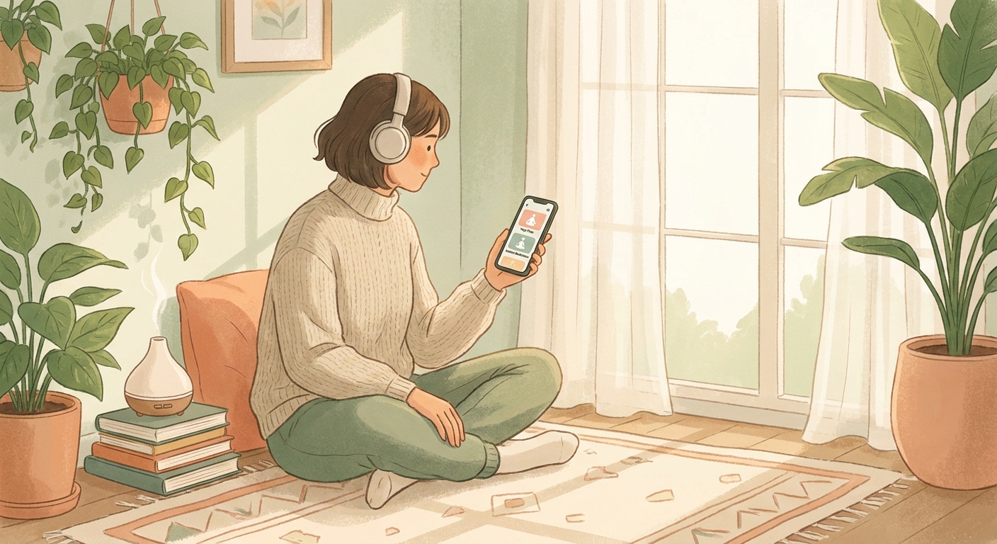 Person using Vitalizen yoga and meditation app on smartphone in a cozy room with plants