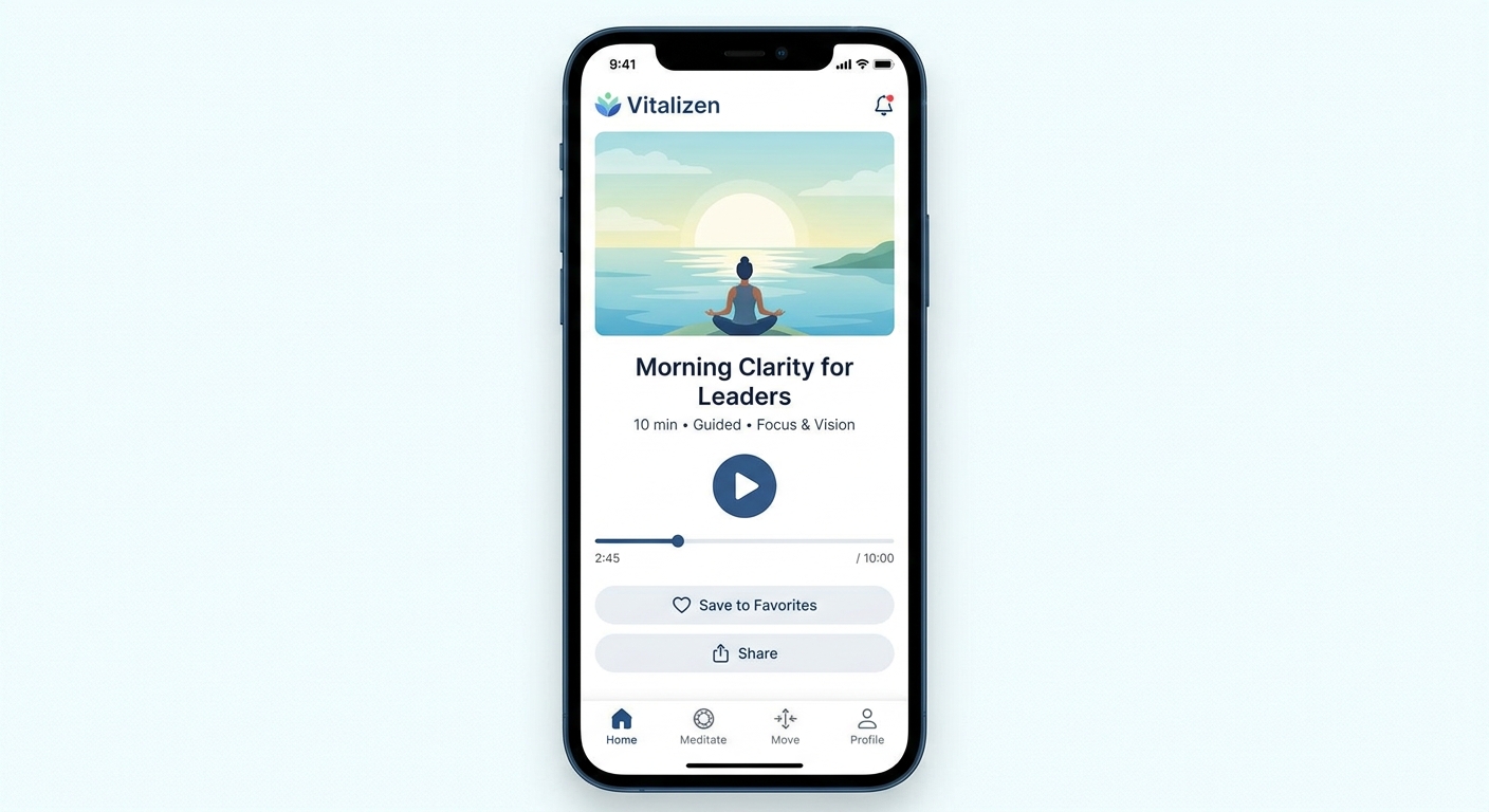 Interface do aplicativo Vitalizen mostrando sessão de meditação guiada para líderes