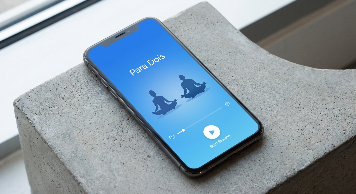 Interface do app Vitalizen mostrando sessão de meditação guiada para casal com design azul minimalista