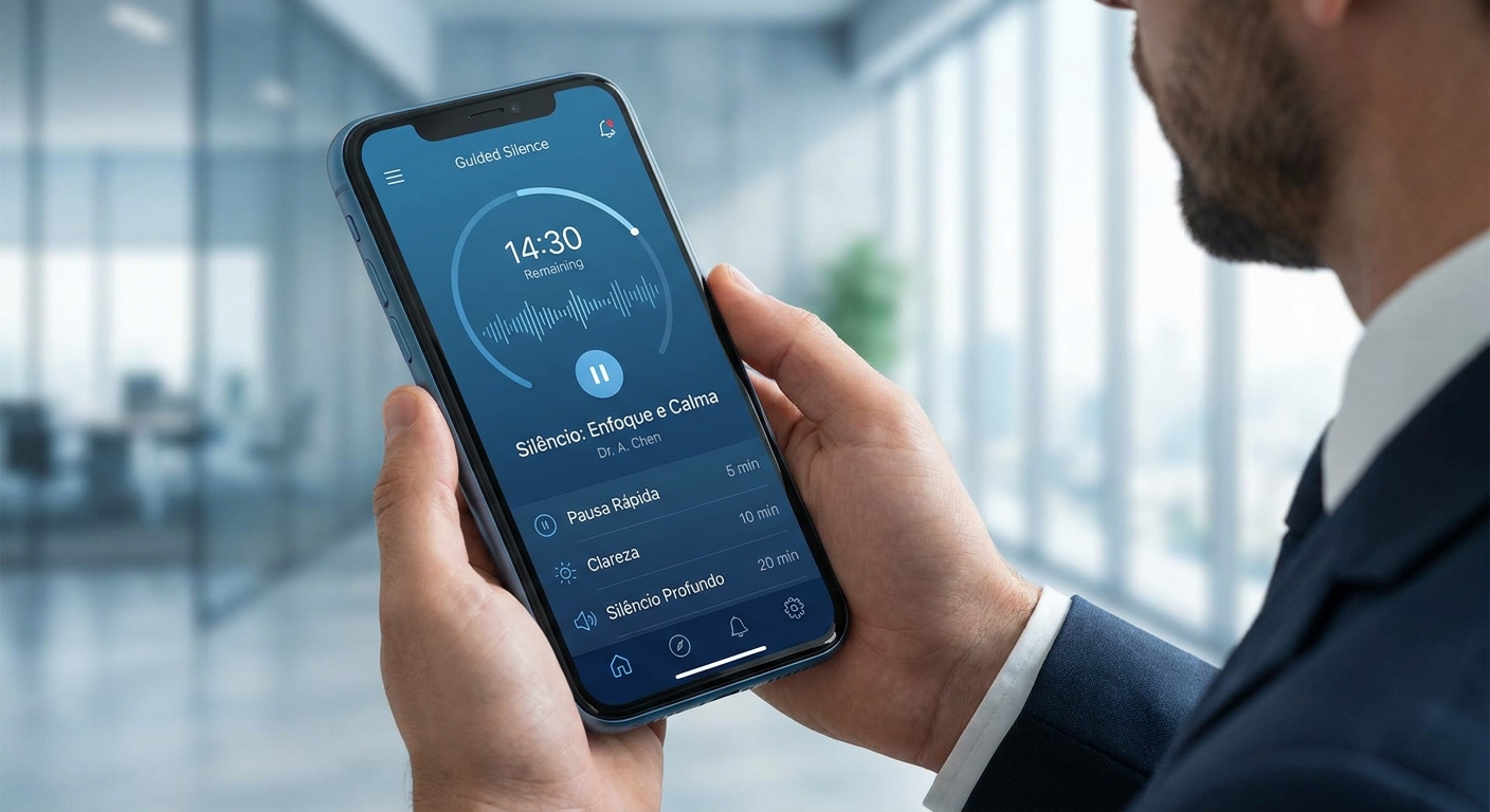 Mockup do Vitalizen App mostrando trilha de silêncio guiado para executivos com burnout