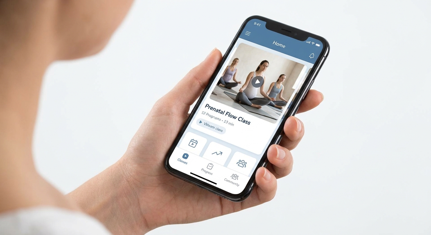 Mockup do aplicativo Vitalizen com aula de yoga para gestantes