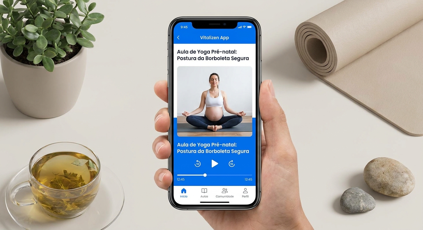 Mockup do aplicativo Vitalizen App exibindo aula de yoga para gestantes - aplicativo de yoga para gestantes
