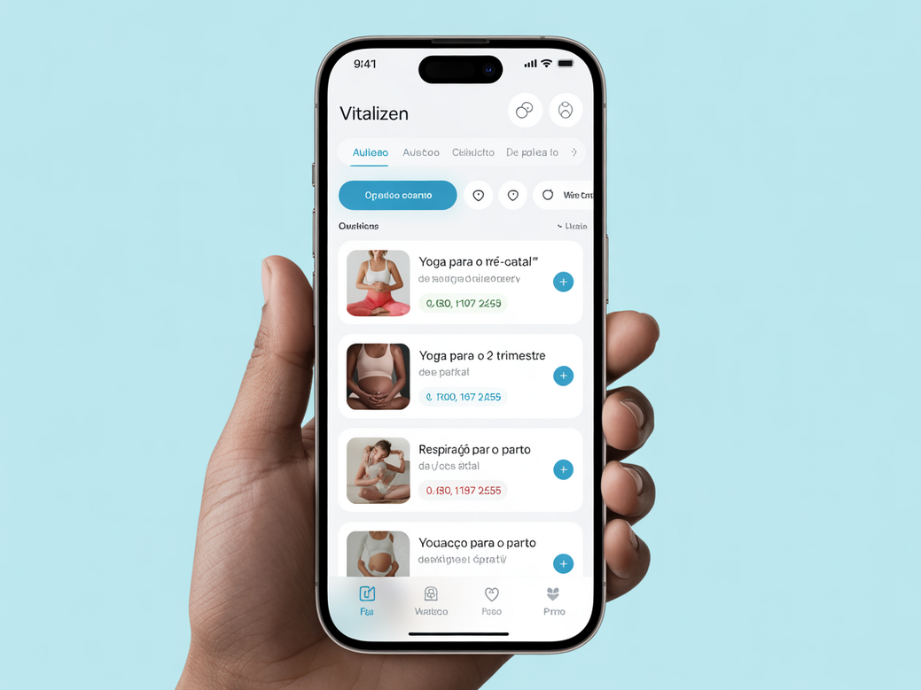 Screenshot do aplicativo Vitalizen mostrando a seção de yoga pré-natal e meditação para gestantes, destacando a facilidade de uso.