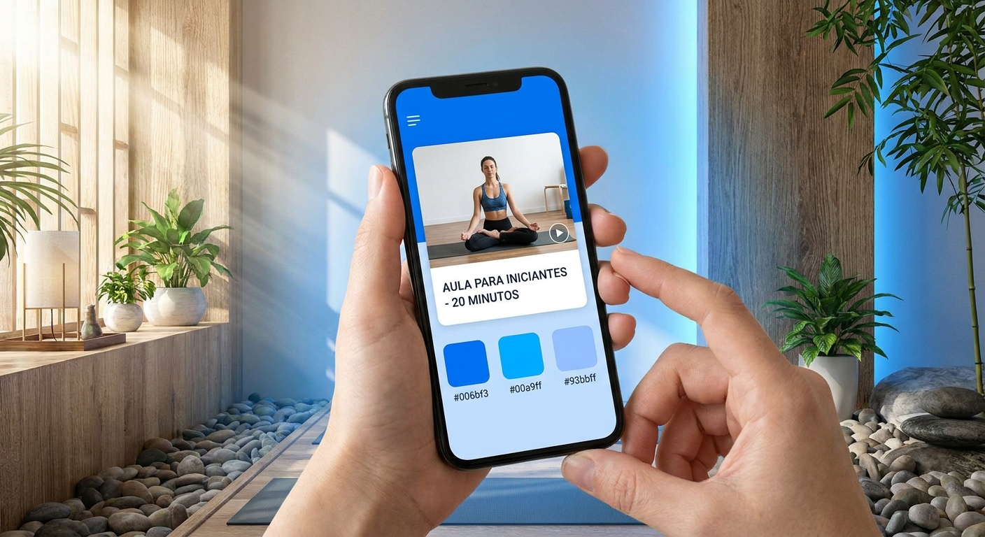 Mockup do aplicativo Vitalizen mostrando aula de yoga para iniciantes com interface azul