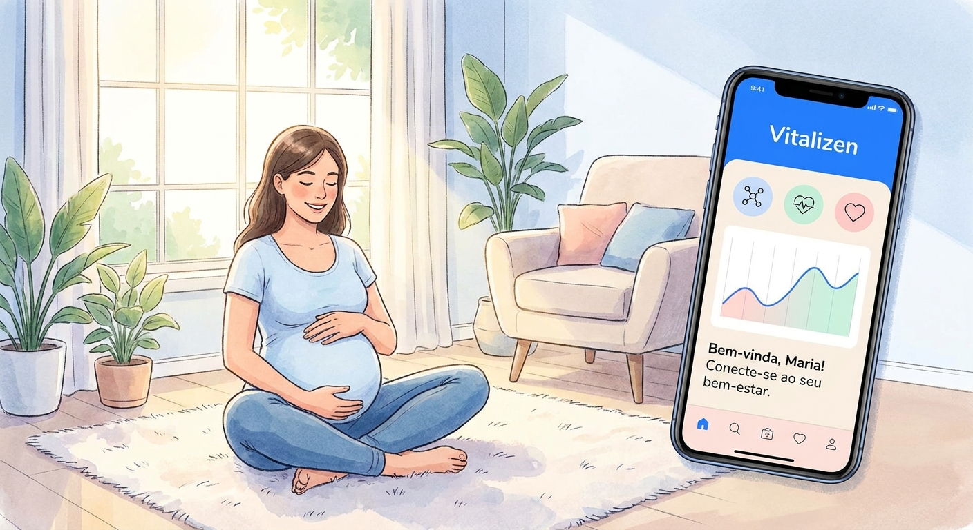 Melhor app yoga meditação gestante 2026 Vitalizen - gestante praticando yoga em casa