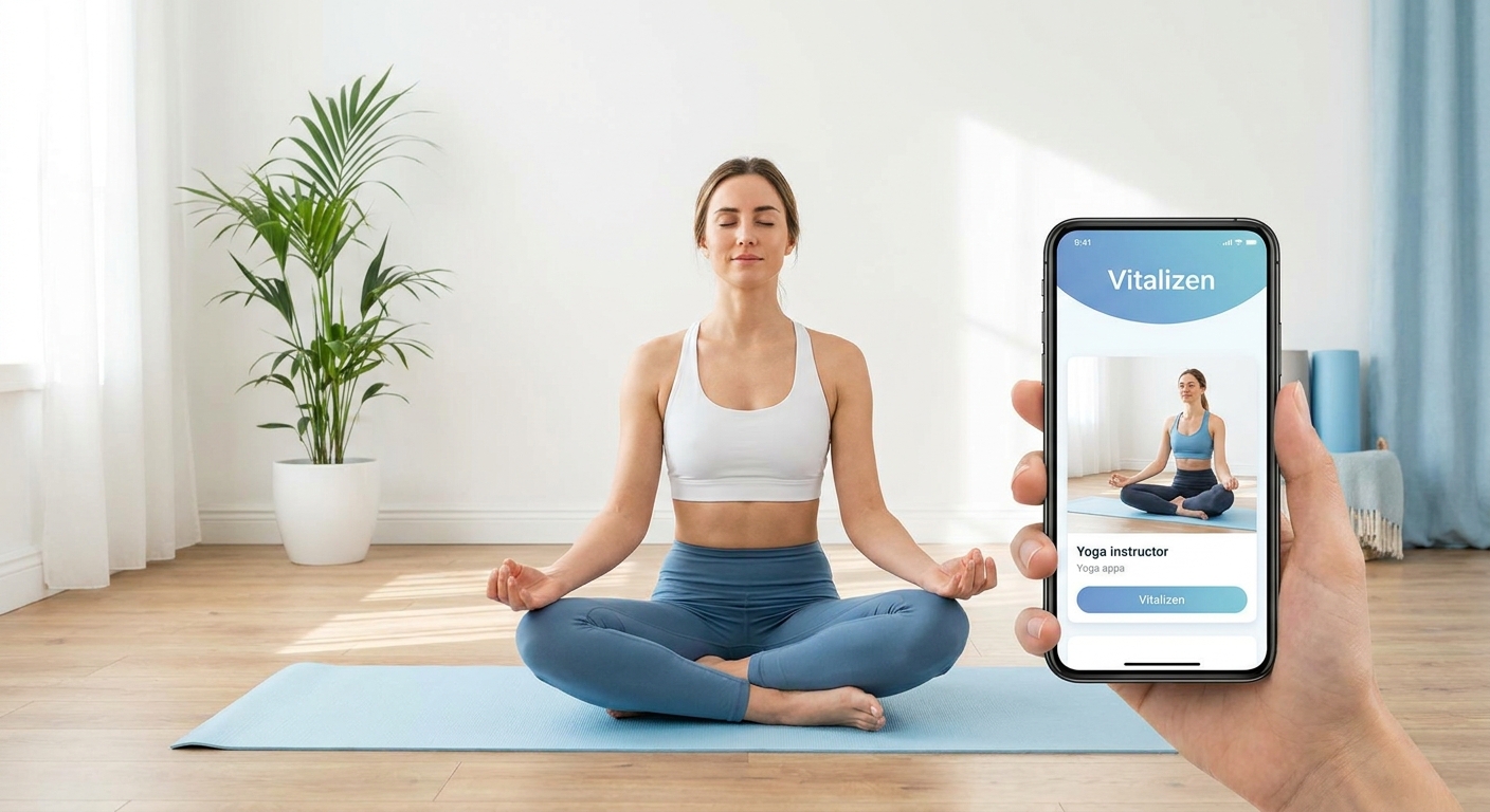 Mulher praticando yoga em casa usando o aplicativo Vitalizen no smartphone