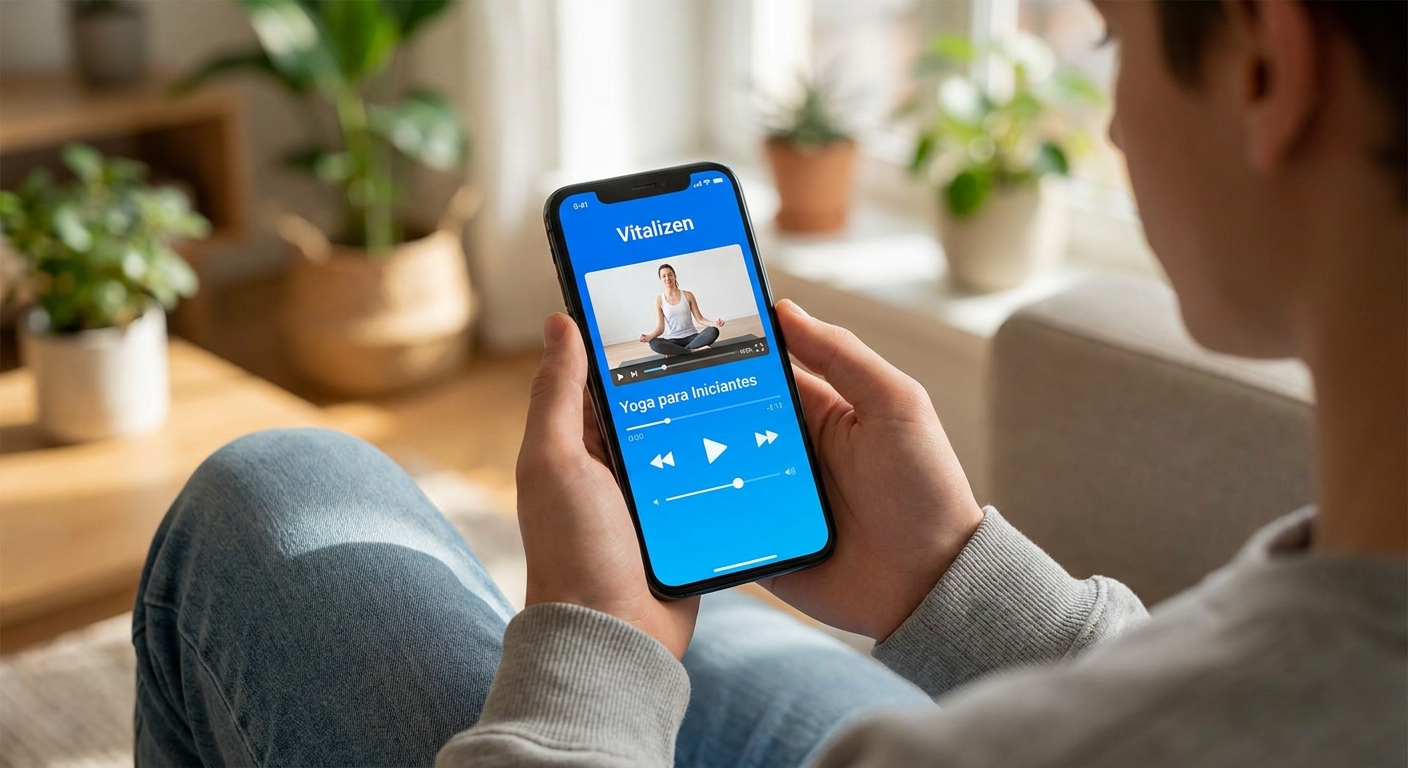 Mockup do app Vitalizen mostrando aula de yoga para iniciantes