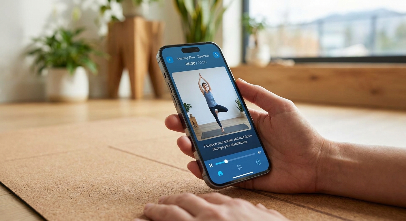 Mockup do Vitalizen App mostrando uma aula de yoga para iniciantes com interface moderna e acolhedora