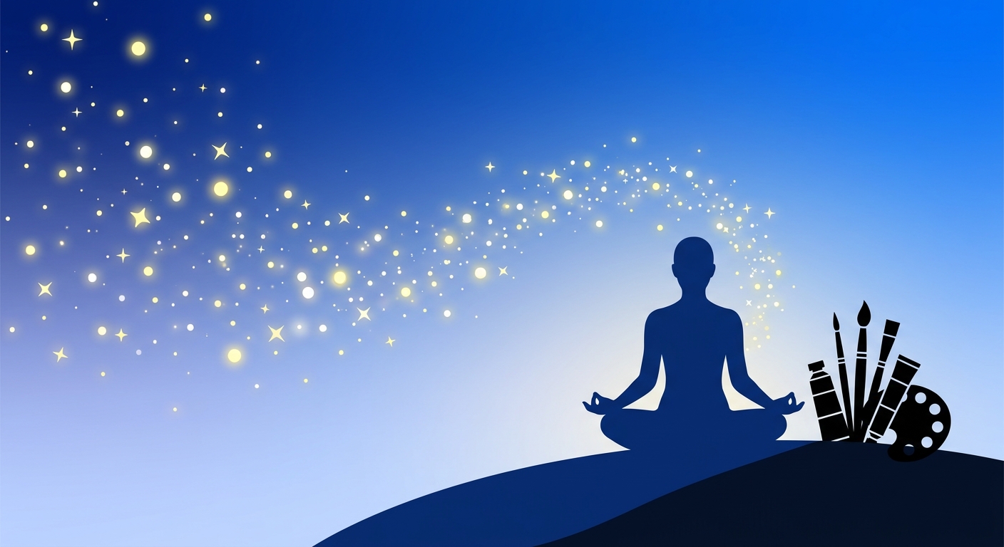 Artista meditando com partículas de luz azul representando inspiração criativa fluindo