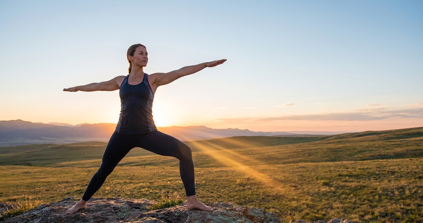 Atleta de alto rendimento praticando yoga ao ar livre com iluminação dourada do amanhecer - yoga para atletas de alto rendimento